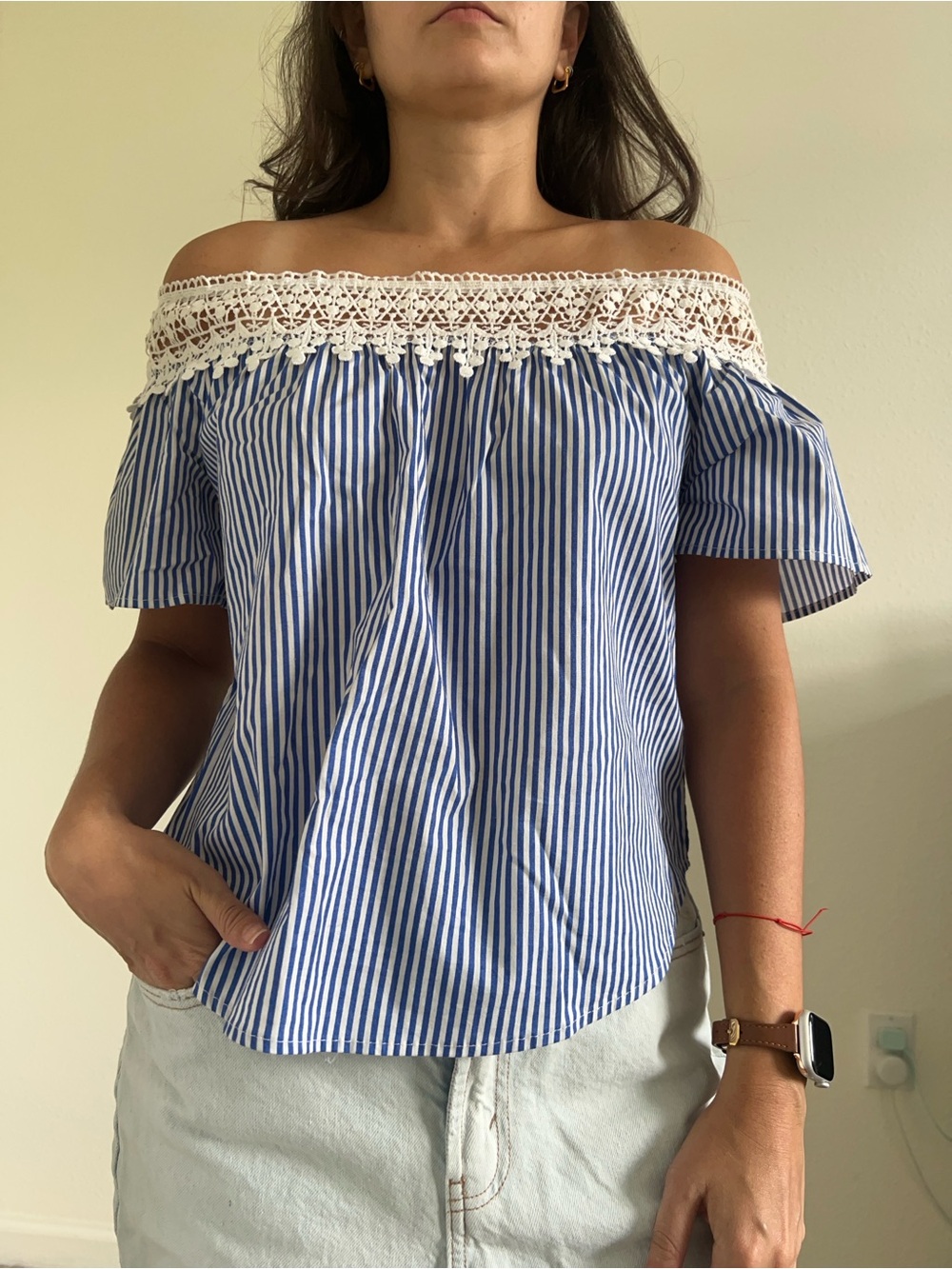 Ambiance Blue & White Off-Shoulder Crochet Trim Blouse